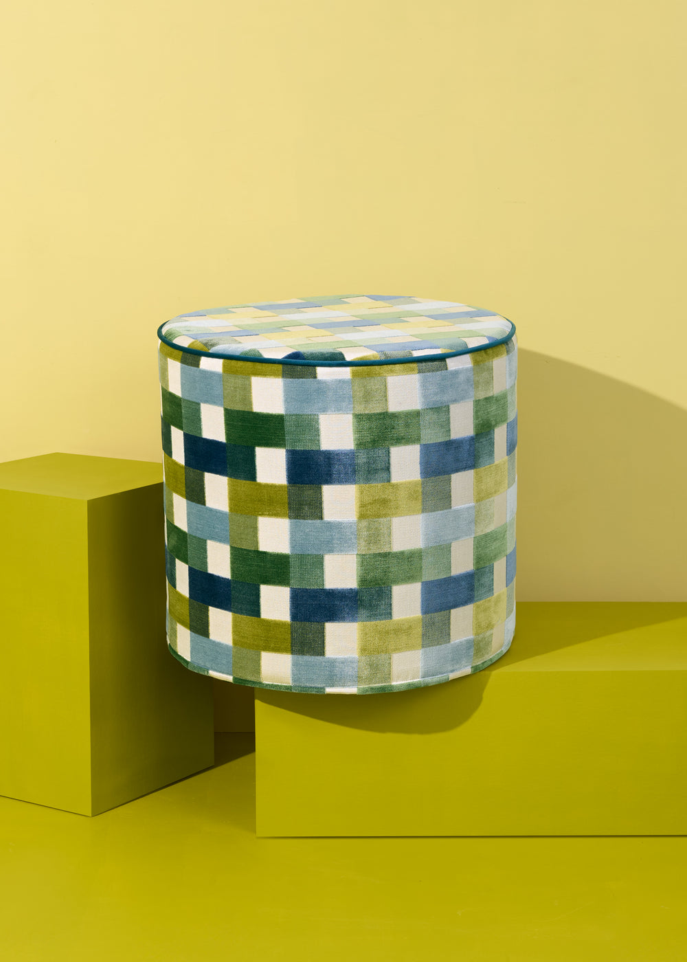 Piper Collection | Maddie Perch Green and Blue Geometric Velvet Ottoman